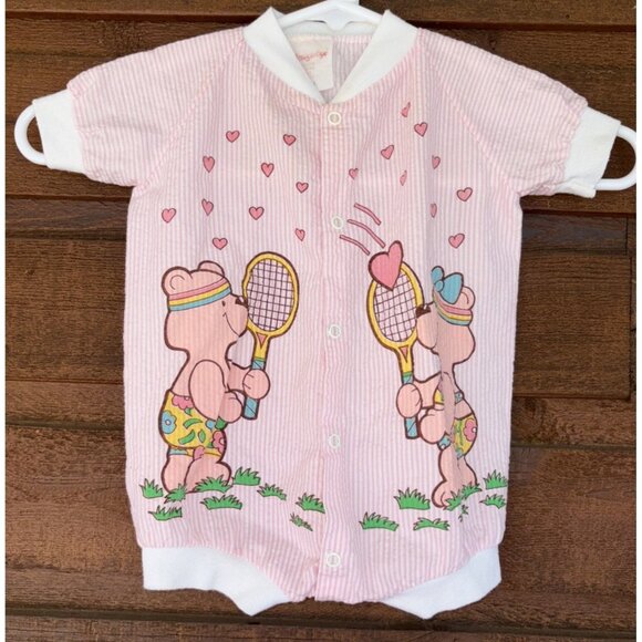 Snugabye Cotton Pink Stripe One-piece Romper Tennis Bears Vintage Size M - Picture 1 of 7
